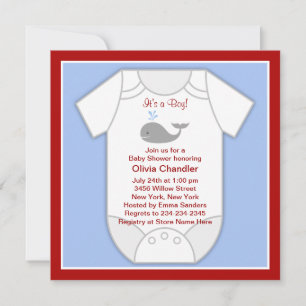Red Blue Whale Baby Boy Shower Invitation