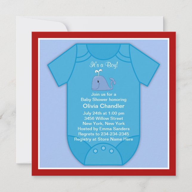 Red Blue Whale Baby Shower Invitation (Front)