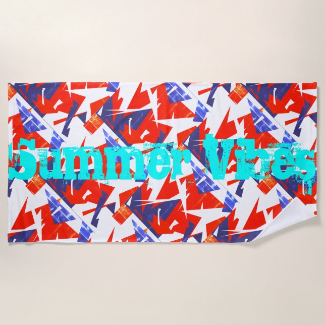 Red Blue White Abstract Summer Vibes Beach Towel (Front)