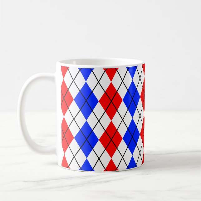 Red Blue White Argyle Diamond Pattern Design  Coffee Mug (Left)