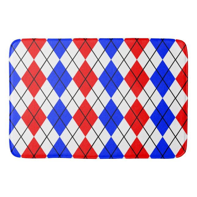 Red Blue White Argyle Plaid Design  Bath Mat (Front)