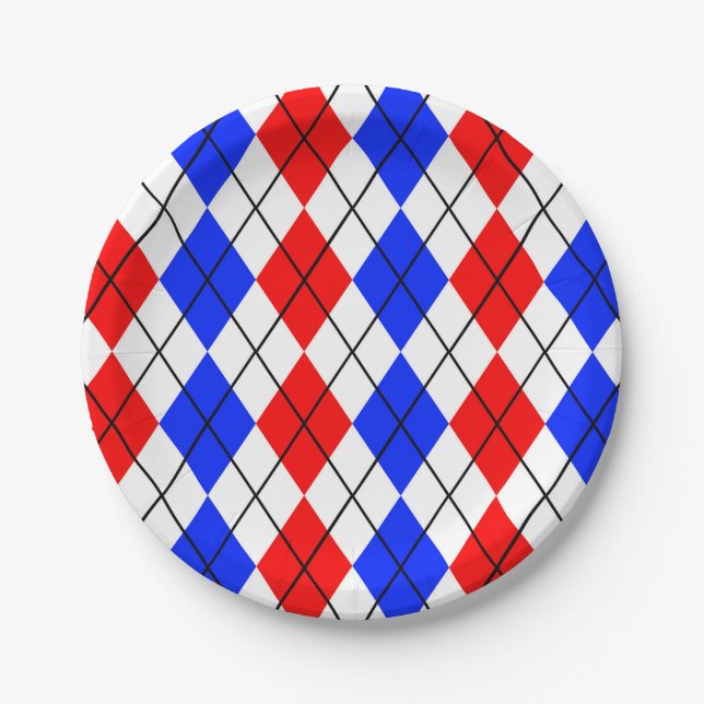 Red Blue White Argyle Plaid Design  Paper Plate (Front)