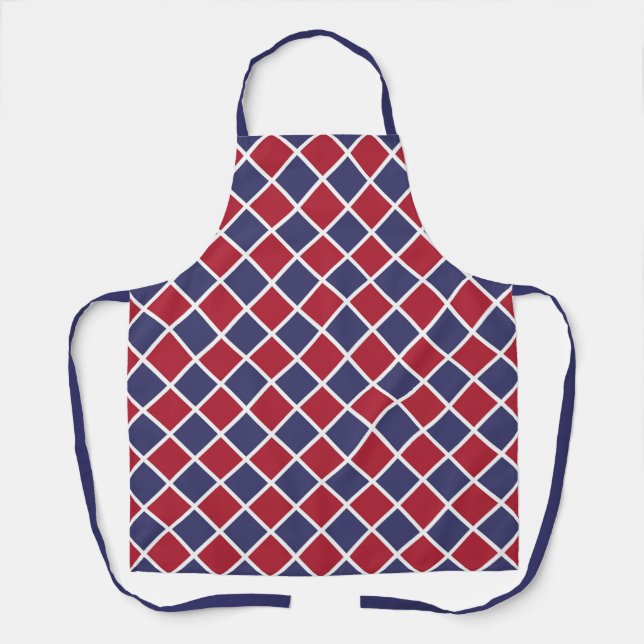 Red Blue White Harlequin Diamond Chequered Pattern Apron (Front)