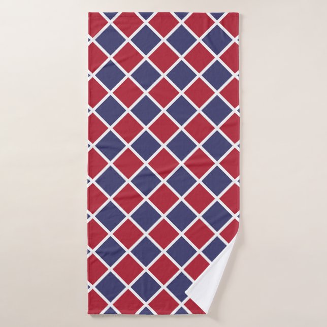 Red Blue White Harlequin Diamond Chequered Pattern Bath Towel (Bath Towel)