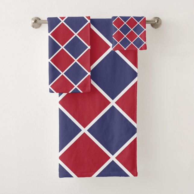 Red Blue White Harlequin Diamond Chequered Pattern Bath Towel Set (Insitu)
