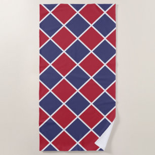 Red Blue White Harlequin Diamond Chequered Pattern Beach Towel