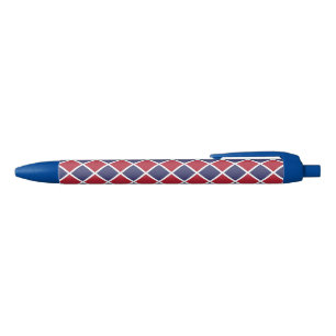Red Blue White Harlequin Diamond Chequered Pattern Black Ink Pen