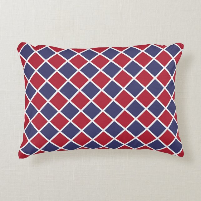 Red Blue White Harlequin Diamond Chequered Pattern Decorative Cushion (Front)