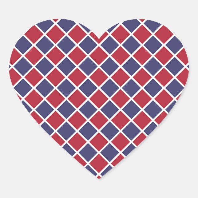Red Blue White Harlequin Diamond Chequered Pattern Heart Sticker (Front)