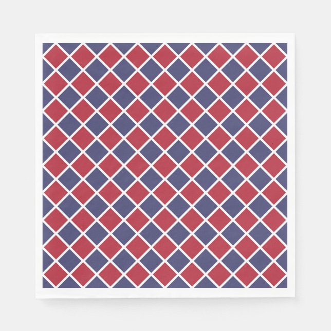 Red Blue White Harlequin Diamond Chequered Pattern Napkin (Front)