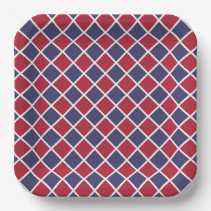 Red Blue White Harlequin Diamond Chequered Pattern Paper Plate