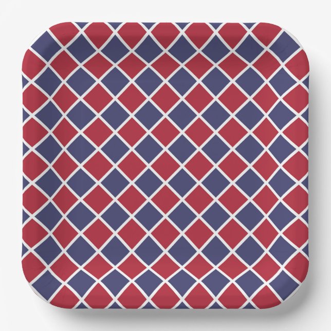 Red Blue White Harlequin Diamond Chequered Pattern Paper Plate (Front)