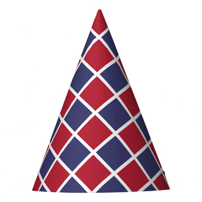 Red Blue White Harlequin Diamond Chequered Pattern Party Hat (Front)