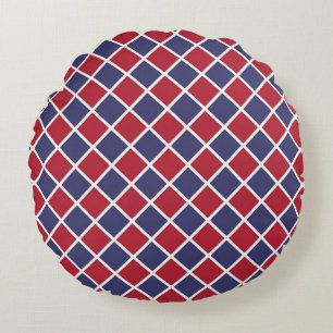 Red Blue White Harlequin Diamond Chequered Pattern Round Cushion
