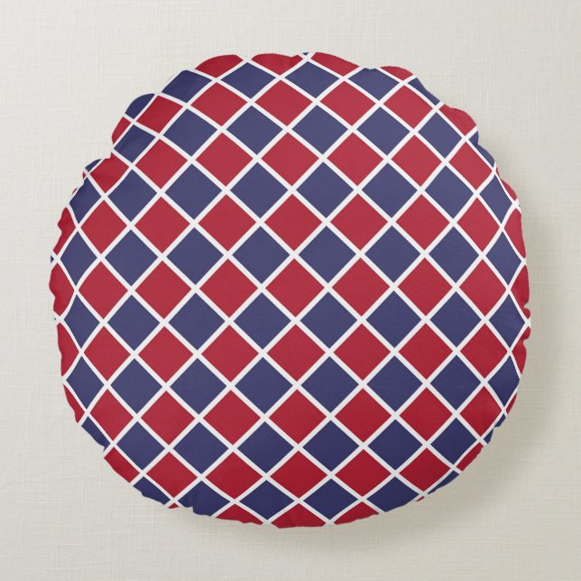 Red Blue White Harlequin Diamond Chequered Pattern Round Cushion (Front)