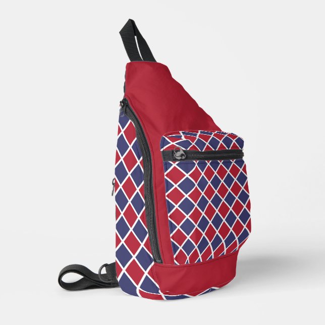 Red Blue White Harlequin Diamond Chequered Pattern Sling Bag (Left Corner)