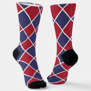 Red Blue White Harlequin Diamond Chequered Pattern Socks