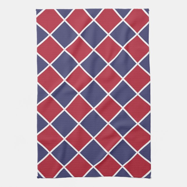 Red Blue White Harlequin Diamond Chequered Pattern Tea Towel (Vertical)