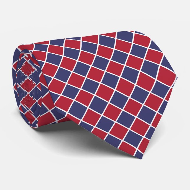 Red Blue White Harlequin Diamond Chequered Pattern Tie (Rolled)