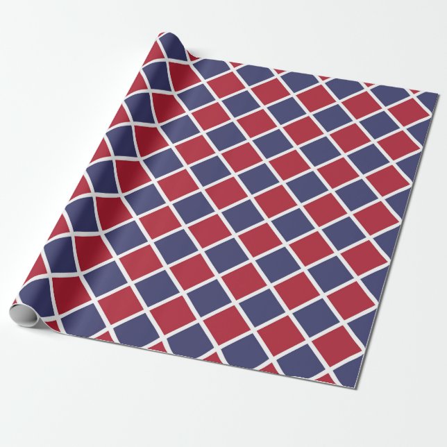 Red Blue White Harlequin Diamond Chequered Pattern Wrapping Paper (Unrolled)