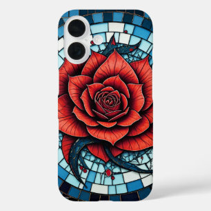 Red Blue White Mosaic Rose Flower iPhone 16 Case