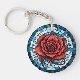 Red Blue White Mosaic Rose Flower Key Ring