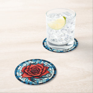 Red Blue White Mosaic Rose Flower Round Paper Coaster