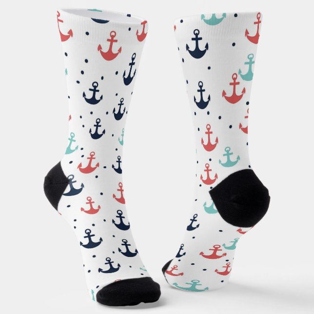 Red Blue White Nautical Boat Anchors Pattern Socks (Angled)
