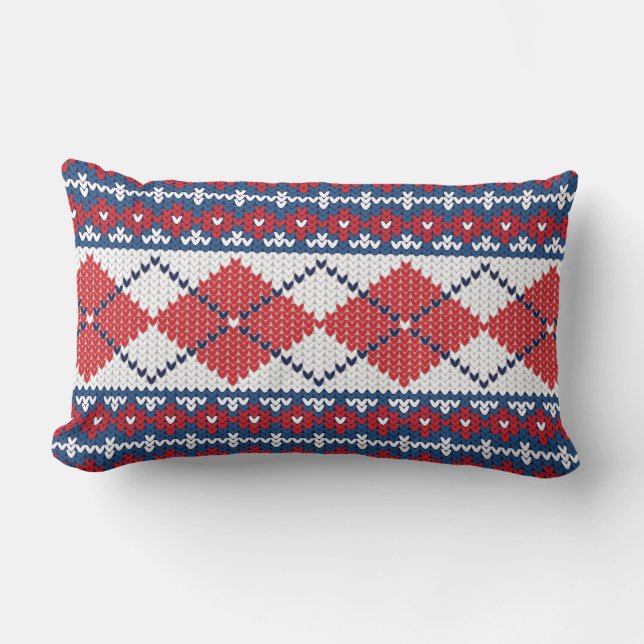 Red Blue & White Nordic Fair Isle Argyle Pattern Lumbar Cushion (Front)