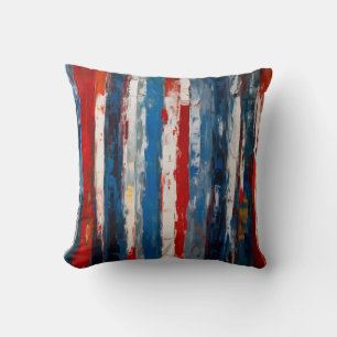 Red Blue White Painted Vertical Abstract Stripes Cushion