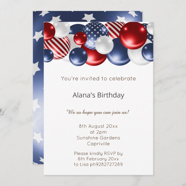 RED BLUE WHITE PATRIOTIC BALLOON 2 BIRTHDAY INVITATION (Front/Back)
