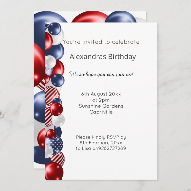 RED BLUE WHITE PATRIOTIC BALLOON BANNER INVITATION (Front/Back)
