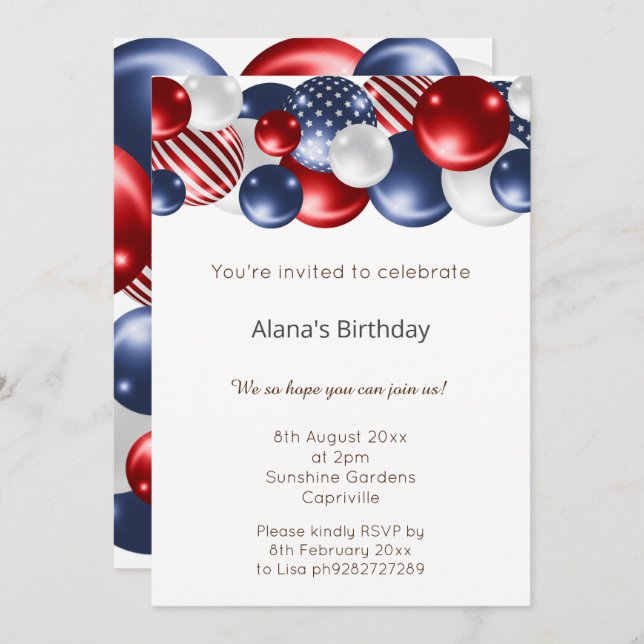 RED BLUE WHITE PATRIOTIC BALLOON BIRTHDAY  INVITATION (Front/Back)