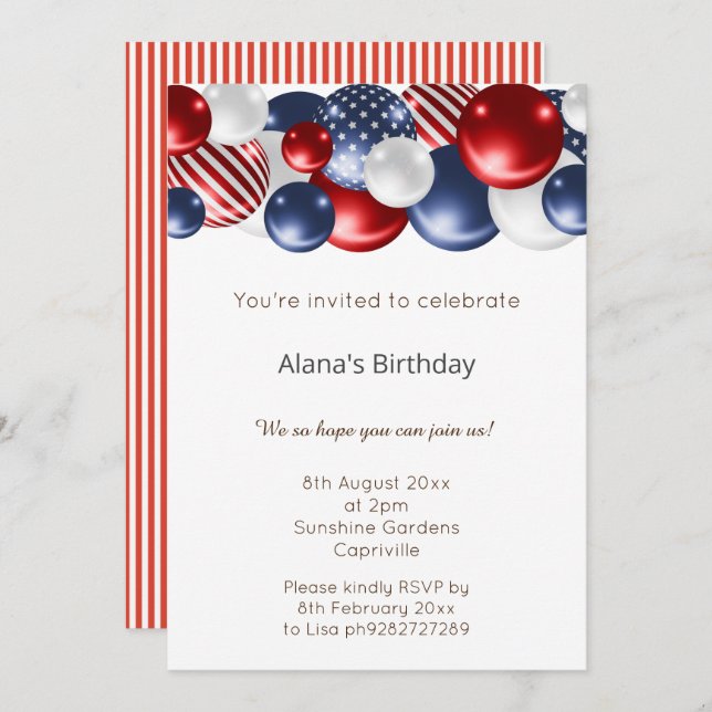 RED BLUE WHITE PATRIOTIC STRIPED 2 BALLOON  INVITATION (Front/Back)