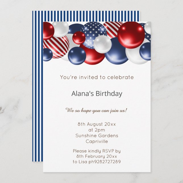 RED BLUE WHITE PATRIOTIC STRIPED BALLOON BIRTHDAY  INVITATION (Front/Back)