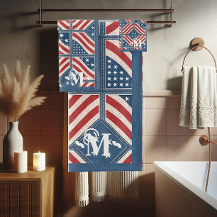 Red Blue White Pattern Stars and Stripes Monogram  Bath Towel Set