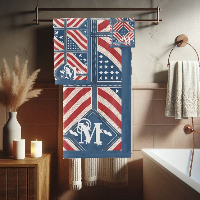 Red Blue White Pattern Stars and Stripes Monogram  Bath Towel Set (Red Blue White Pattern Stars and Stripes Monogram Bath Towel Set)