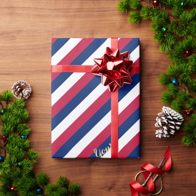Red Blue White Stripes Pattern Gold Text Patriotic Wrapping Paper (Holiday Gift)
