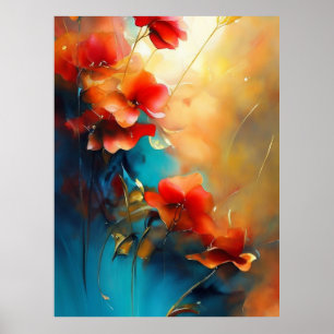 Red Blue White Teal Cream Flowers Beautiful Poster