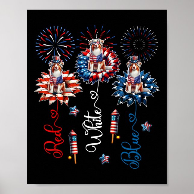 Red Blue White Three Cute Australian Shepherds 4th Poster (Front)
