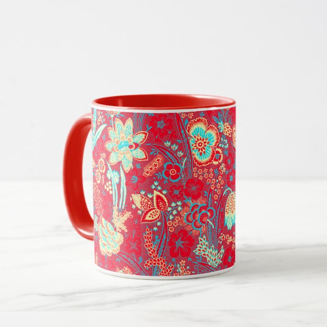 RED BLUE  WHITE WILD FLOWERS TULIPS,LEAVES FLORAL MUG (Front Left)