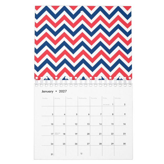 Red Blue White Zig Zag Lines Geometric Baseball Calendar (Jan 2027)