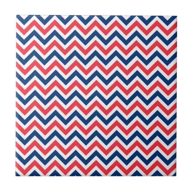 Red Blue White Zig Zag Lines Geometric Baseball Ceramic Tile (Front)