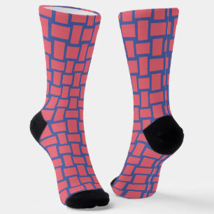 Red Blue Woven Blocks Pattern Socks