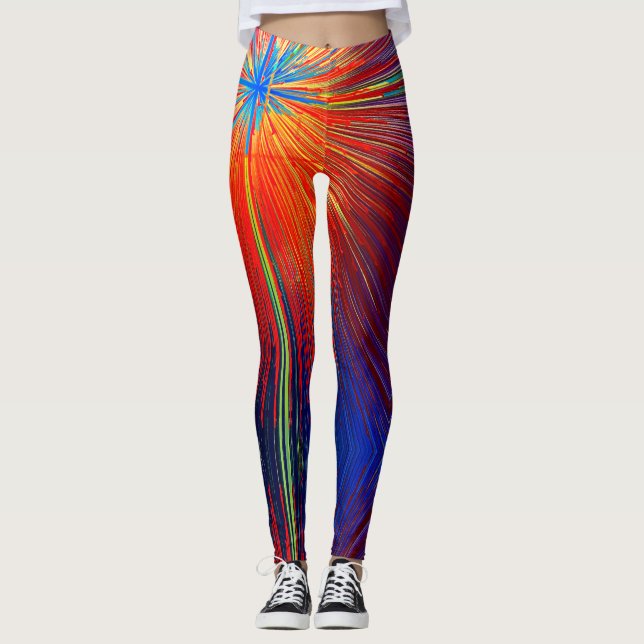 Red blue yellow abstract lines colourful trendy leggings (Front)