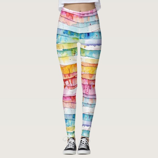 Red, Blue, Yellow Abstract Watercolor Layers Leggings (Front)