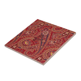 Red, Blue, Yellow and White Vintage Paisley Floral Ceramic Tile