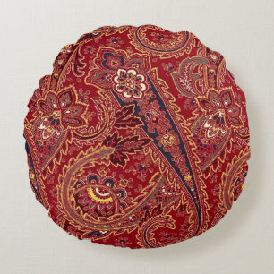 Red, Blue, Yellow and White Vintage Paisley Floral Round Cushion
