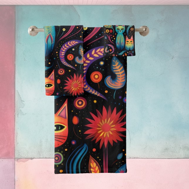 Red Blue Yellow cats Bath Towel Set (Creator Uploaded)