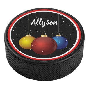 Red Blue & Yellow Christmas Balls Personalised Hockey Puck